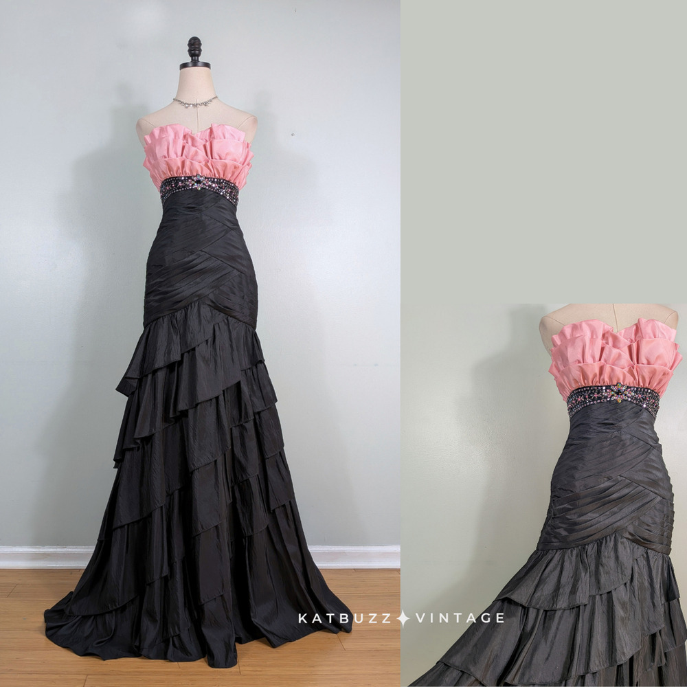 Vintage Prom Dress Maxi Gown 2 Black Pink Y2K Glam Ruffle Bead Empire Tony Bowls